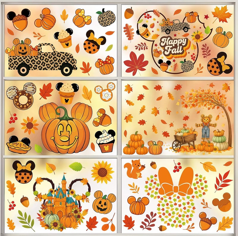 JMHACHY Fall Window Clings - 9 Sheets 149 Pcs Fall Decorations for Autumn Thanksgiving Harvest Home Party, Pumpkin Leaves Car Maple Castle Acorns Stickers for Glass, Double-Sided Static Window Decals - Image 1